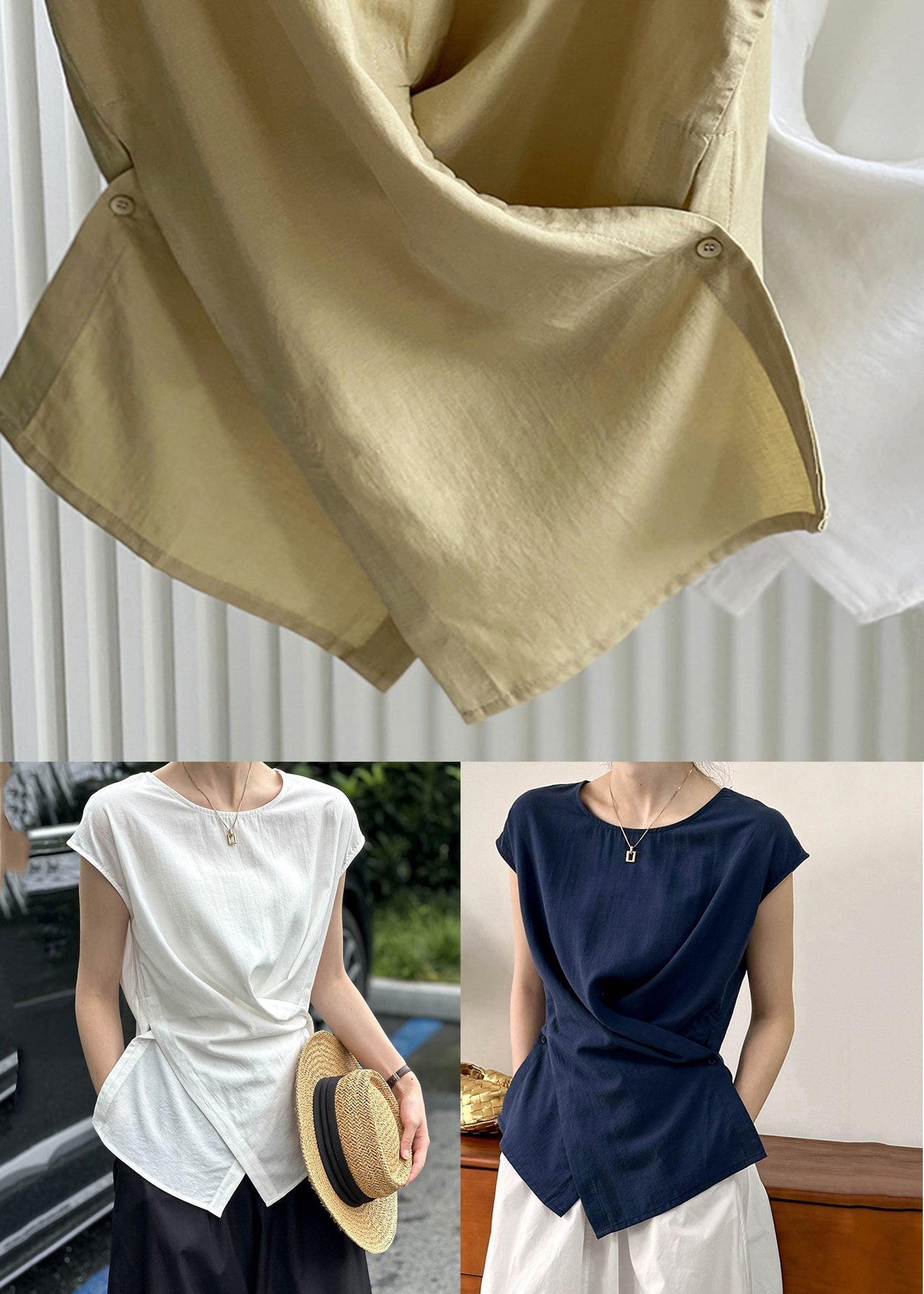 Navy O-Neck Asymmetrical Top mmer QE057