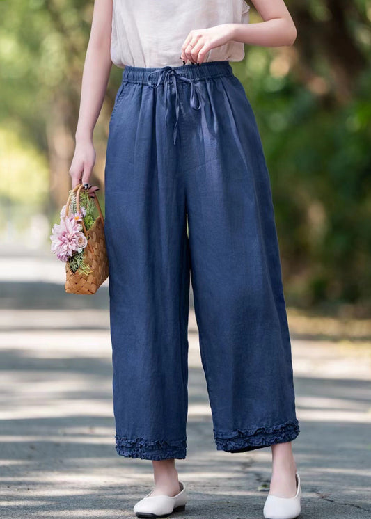 Pantalon d'été court bleu marine en lin élastique avec poches à volants et taille