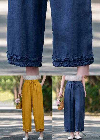 Pantalon d'été court bleu marine en lin élastique avec poches à volants et taille