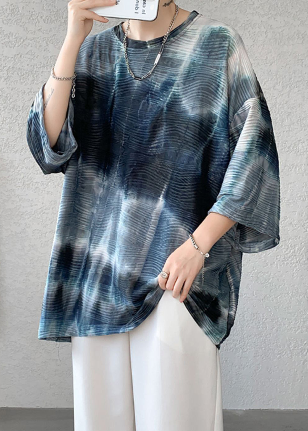 Navy Herren Seidenarmband Farbstoff Ärmel Lose T Shirt Krawatte Hals Ice O