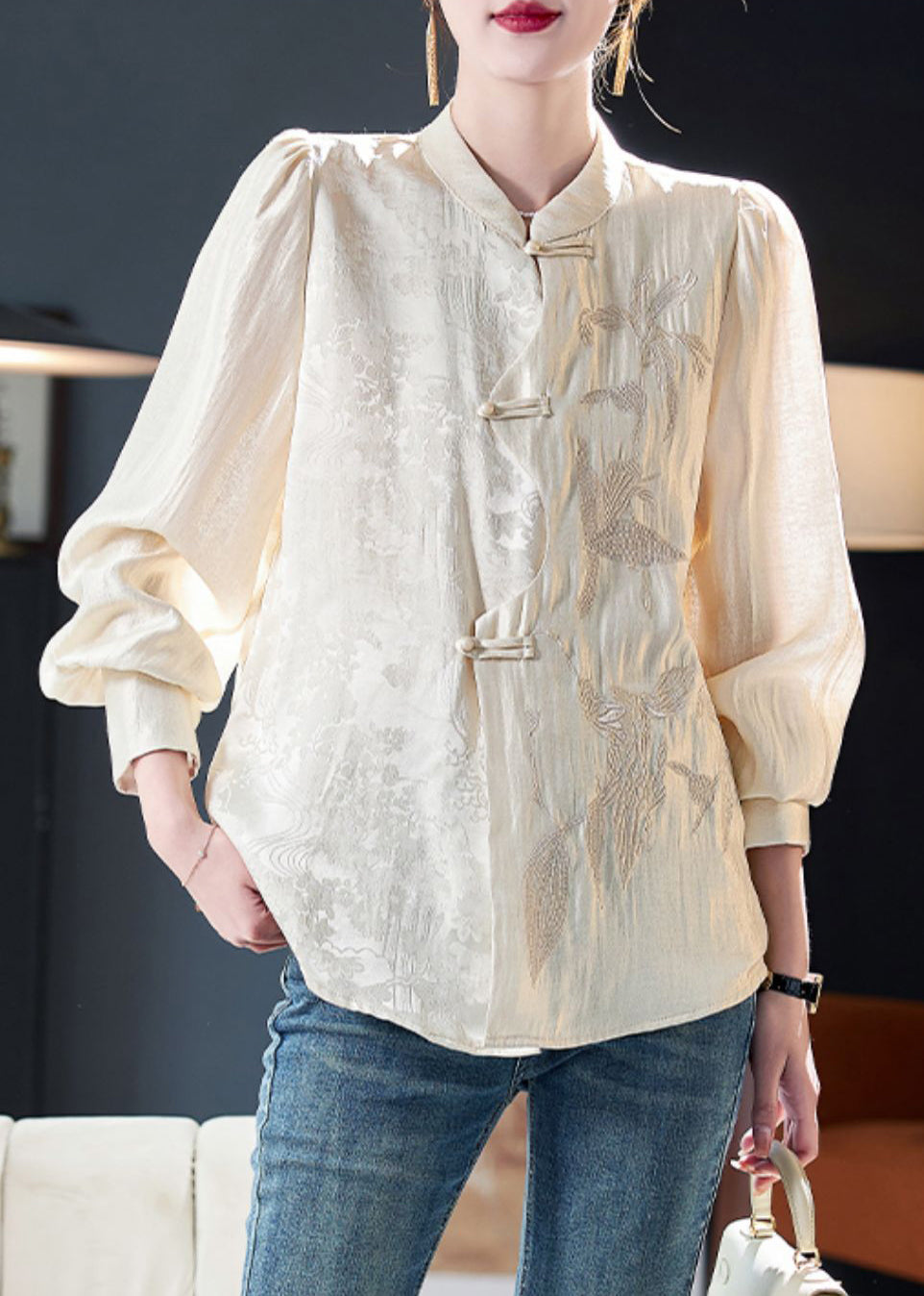 New Apricot Embroidered Button Cotton Shirt Long Sleeve Ada Fashion