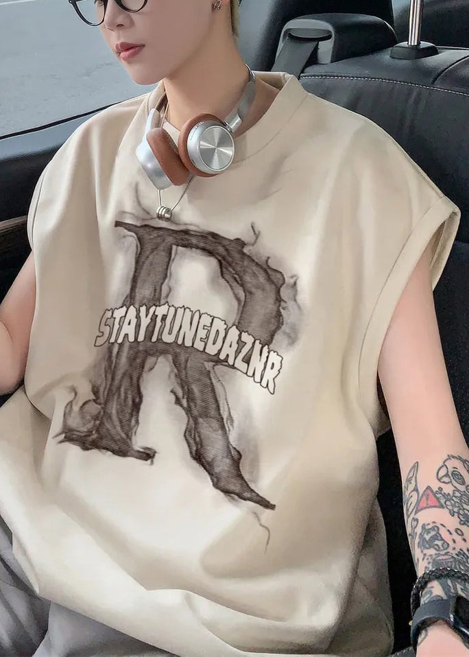 Print Tank Apricot Letter Men Sleeveless Cotton Oversized New