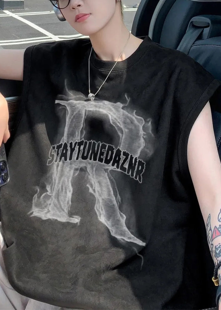 Print Tank Apricot Letter Men Sleeveless Cotton Oversized New