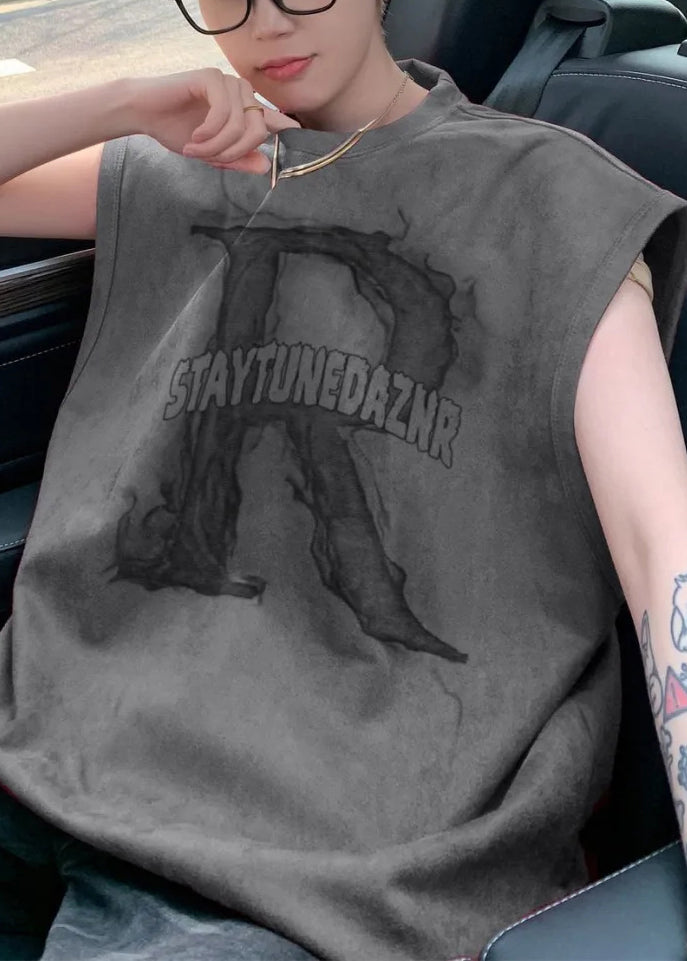 Print Tank Apricot Letter Men Sleeveless Cotton Oversized New