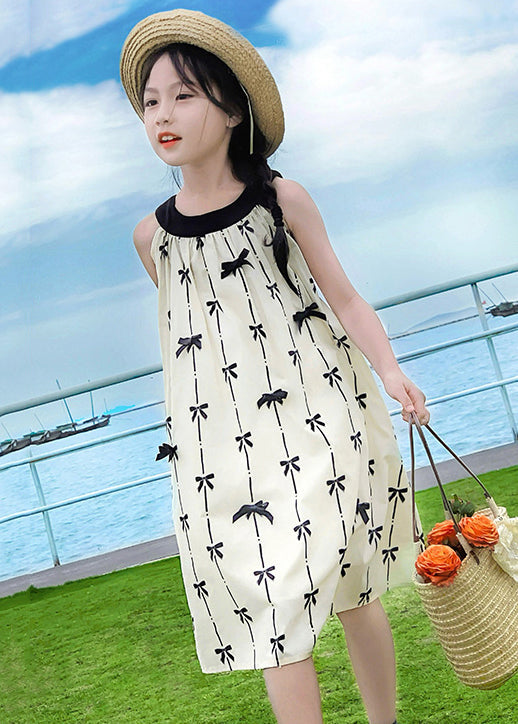 Neues Apricot O Neck Print Baumwolle Mädchen Kleid Ärmellos EW035