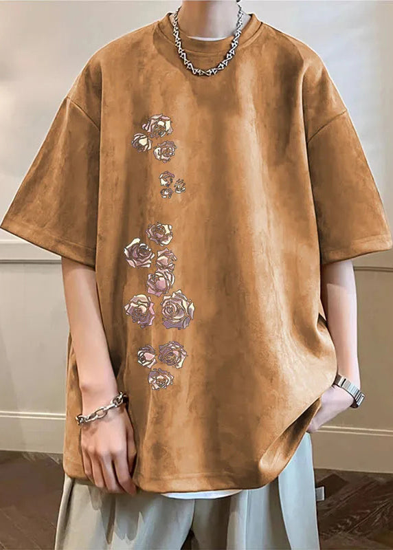 T Apricot Suede Shirt Faux Half Sleeve O Neck Mens Cozy Print New