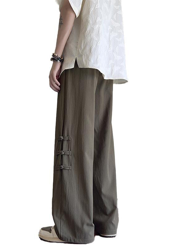 New Apricot Pockets Chinese Button Ice Silk Men Pants Summer YT042