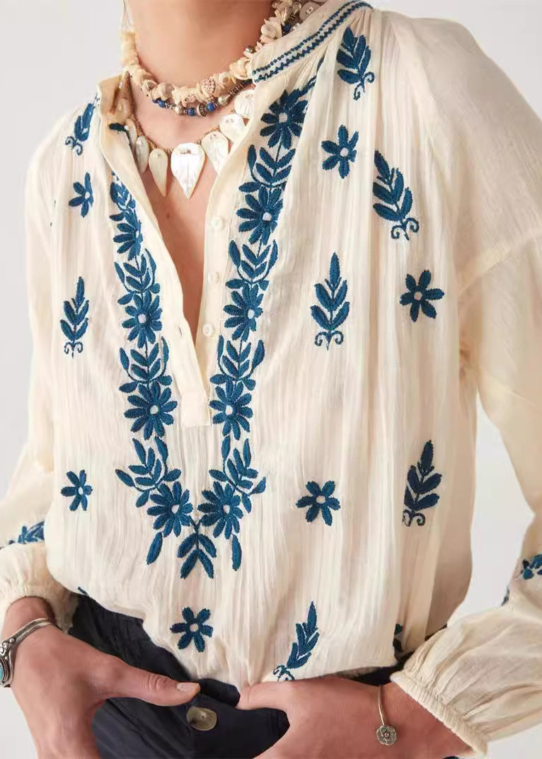 Chemise en coton bouffante brodée à manches beiges