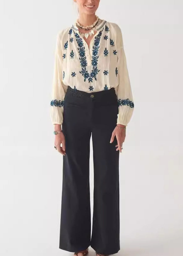 Chemise en coton bouffante brodée à manches beiges