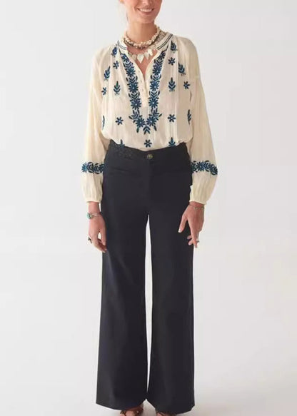 Chemise en coton bouffante brodée à manches beiges