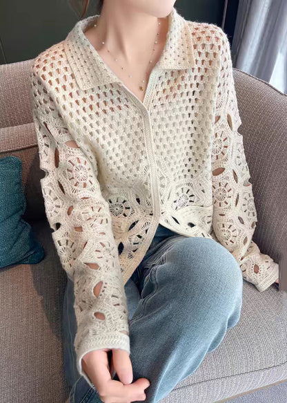 Nouveau cardigan en tricot à boutons creux beige automne WQ037