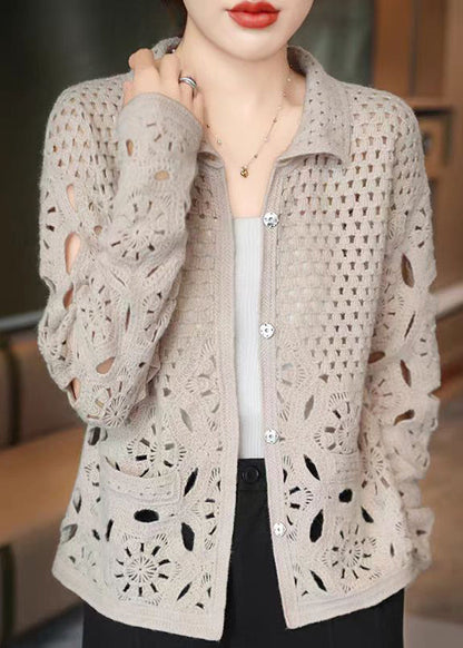 Nouveau cardigan en tricot à boutons creux beige automne WQ037