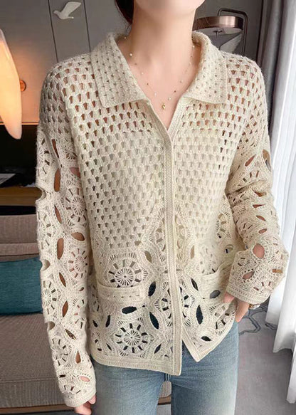 Nouveau cardigan en tricot à boutons creux beige automne WQ037