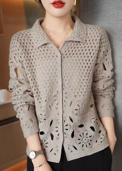 Nouveau cardigan en tricot à boutons creux beige automne WQ037