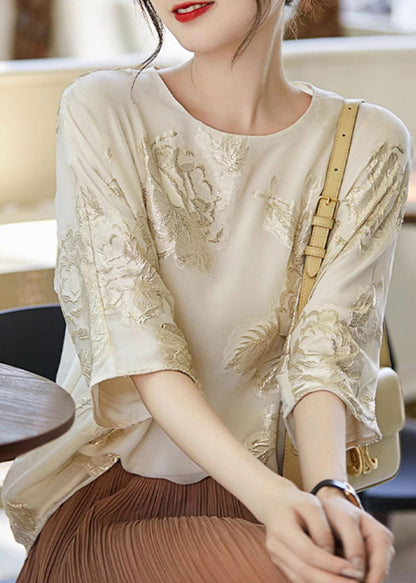 Neu Beige O Neck Bestickte Seide Hemd Top Sommer TH039