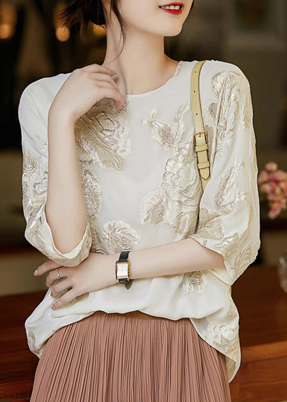 Neu Beige O Neck Bestickte Seide Hemd Top Sommer TH039