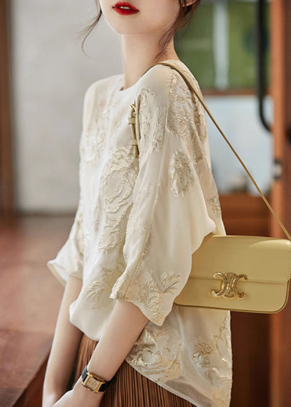 Neu Beige O Neck Bestickte Seide Hemd Top Sommer TH039
