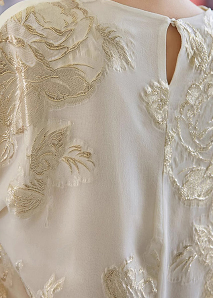 Neu Beige O Neck Bestickte Seide Hemd Top Sommer TH039