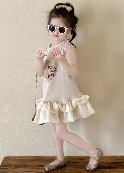 Nouvelles robes en coton à imprimé col rond beige pour filles sans manches TT037