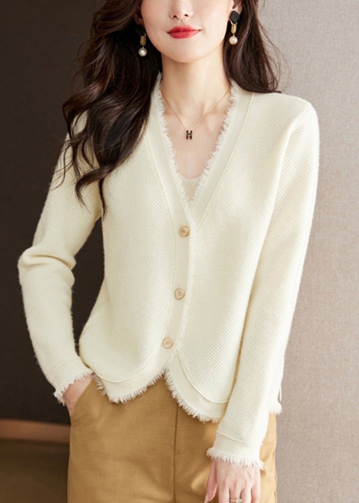 Nouveau cardigan en tricot de laine unie à boutons et col en V beige pour l'automne WL005