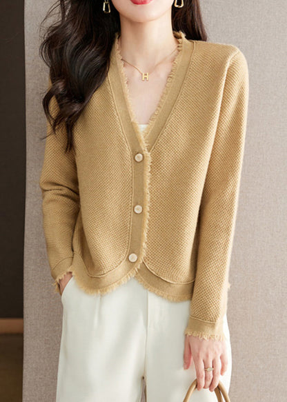 Nouveau cardigan en tricot de laine unie à boutons et col en V beige pour l'automne WL005