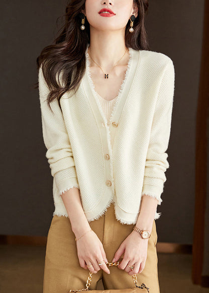 Nouveau cardigan en tricot de laine unie à boutons et col en V beige pour l'automne WL005