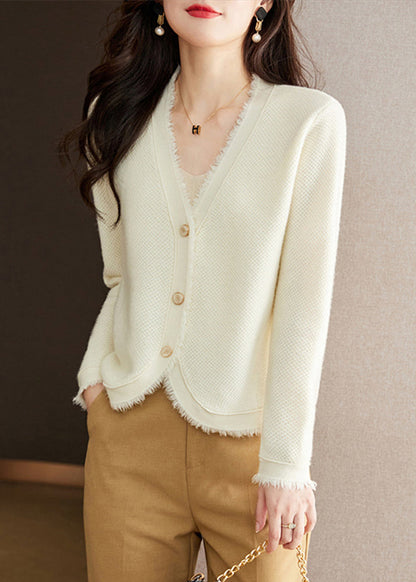 Nouveau cardigan en tricot de laine unie à boutons et col en V beige pour l'automne WL005