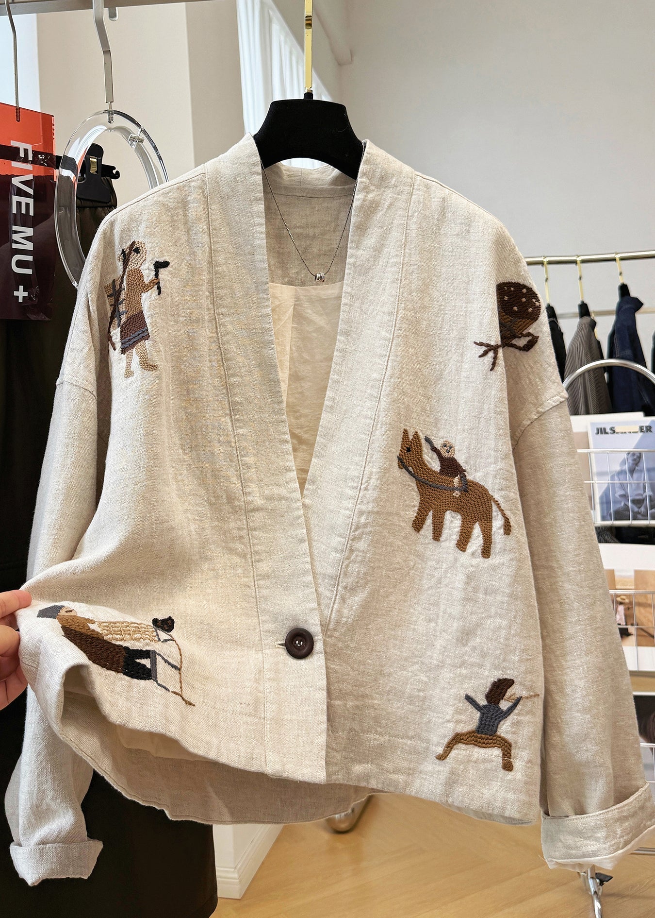 Beige Neck Patchwork Coats V Fall Linen New Embroidered