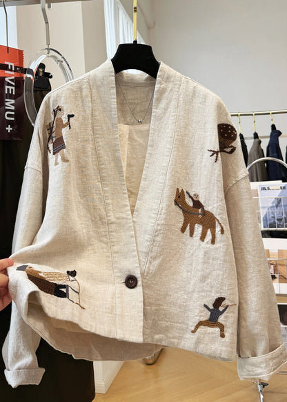 Beige Neck Patchwork Coats V Fall Linen New Embroidered