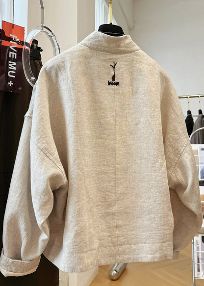 Beige Neck Patchwork Coats V Fall Linen New Embroidered