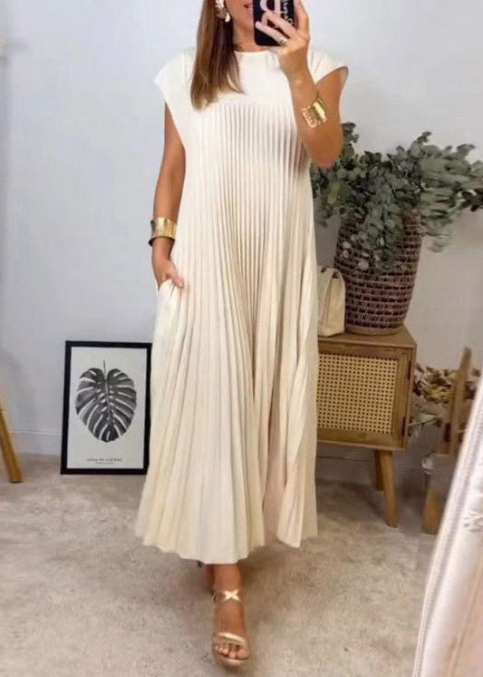 Taschen Faltenkleid Beige Solide Lang Neu Sommer