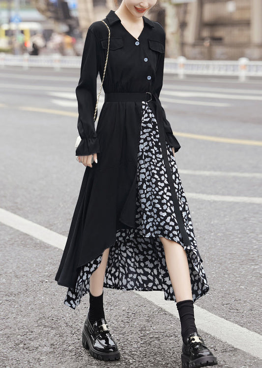 New Black Asymmetrical Tie Waist Patchwork Chiffon Dress Long Sleeve AA1025