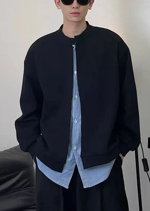 New Black Striped Patchwork Sweatshirts Mens Spring Cotton Button
