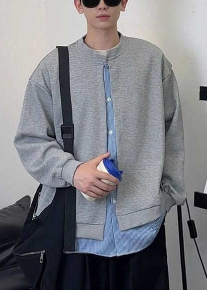 New Black Striped Patchwork Sweatshirts Mens Spring Cotton Button