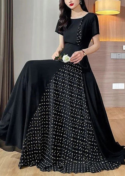 Summer O Long Black Dot Dresses Patchwork Neck Chiffon New
