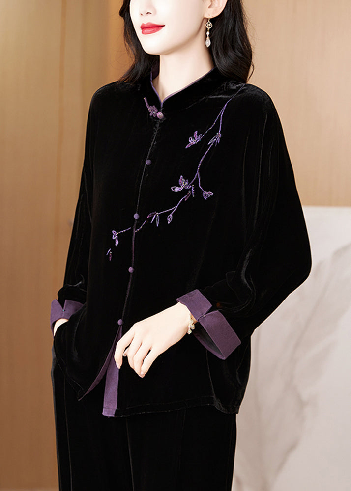 New Black Embroidered Button Silk Velvet Coat Fall QO058