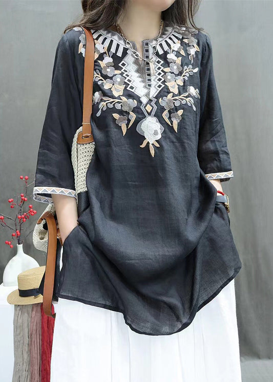 Bestickte neue Leinen schwarze Hemden Seite Ärmel offen halb