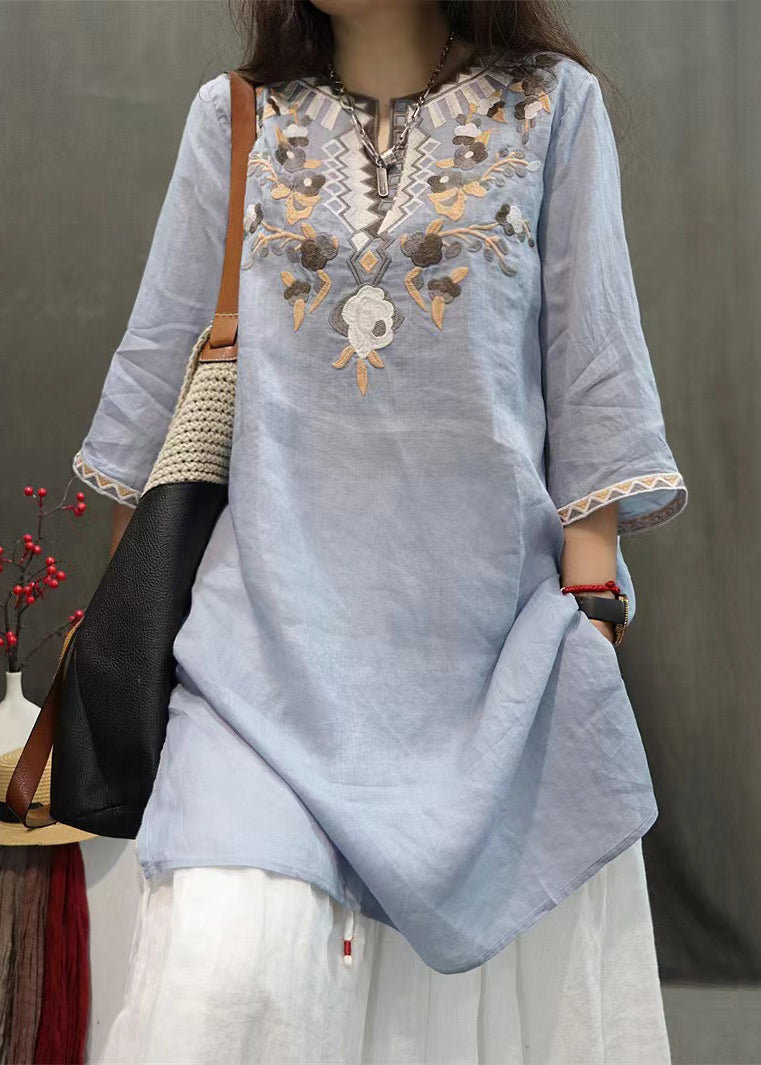 Bestickte neue Leinen schwarze Hemden Seite Ärmel offen halb