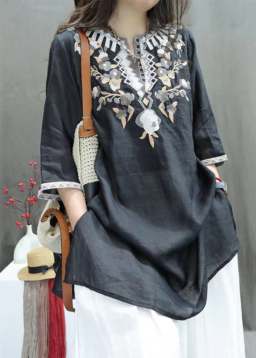 Bestickte neue Leinen schwarze Hemden Seite Ärmel offen halb