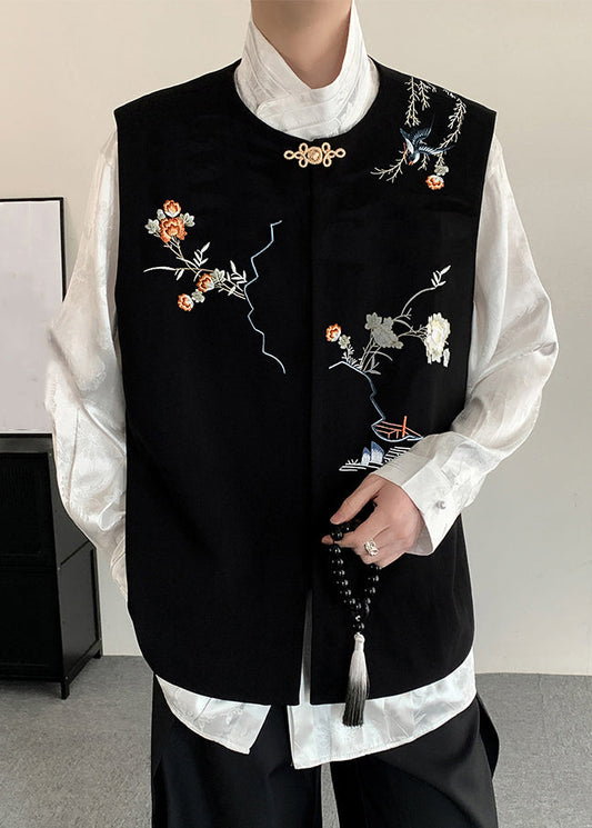 New Black Embroideried Button Silk Velour Mens Waistcoat Fall WJ035