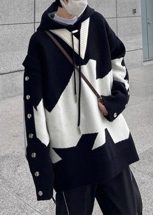 Nouveaux pulls en tricot à capuche noirs pour hommes, patchwork confortable pour le printemps