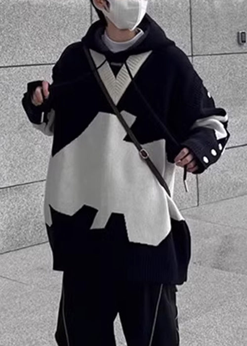 Nouveaux pulls en tricot à capuche noirs pour hommes, patchwork confortable pour le printemps