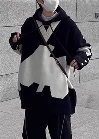 Nouveaux pulls en tricot à capuche noirs pour hommes, patchwork confortable pour le printemps