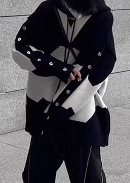 Nouveaux pulls en tricot à capuche noirs pour hommes, patchwork confortable pour le printemps