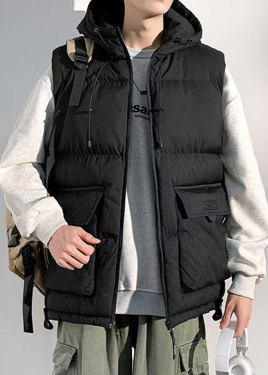 Neue schwarze Herrenweste mit Kapuze und Taschen, Baumwolle, ärmellos, RN013