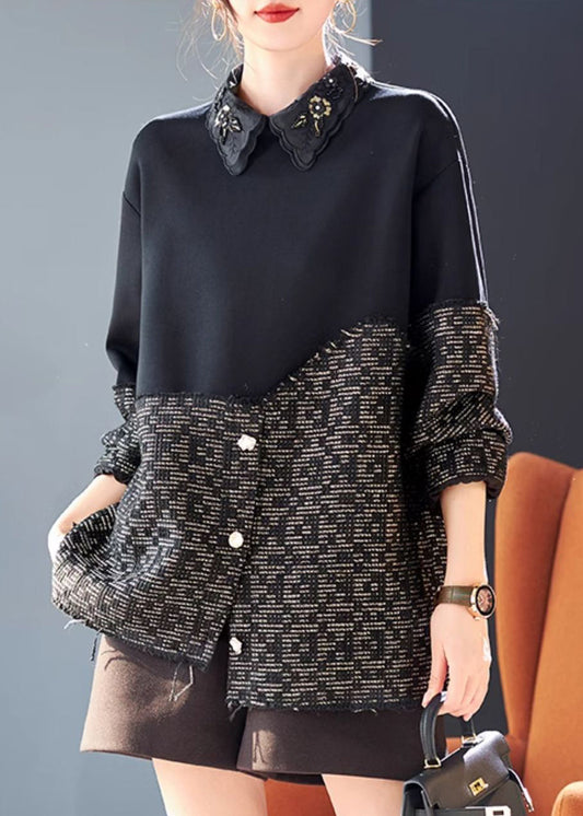 Nouvelles chemises en coton patchwork de perles noires pour le printemps RL039