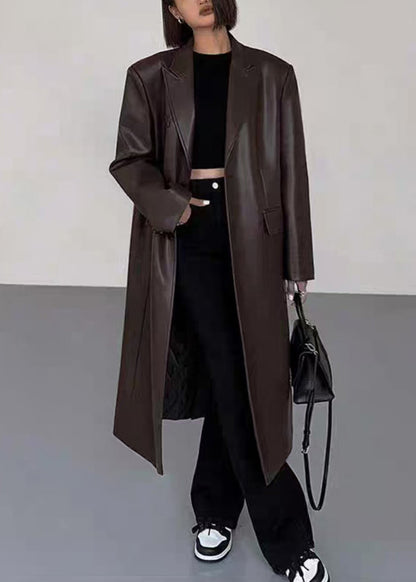 Manteau long en similicuir noir avec boutons crantés pour l'hiver WL013