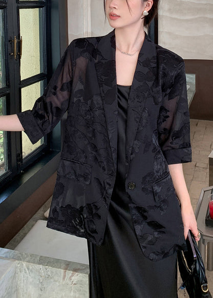 New Silk Black Bracelet Coat Notched Pockets Sleeve Button