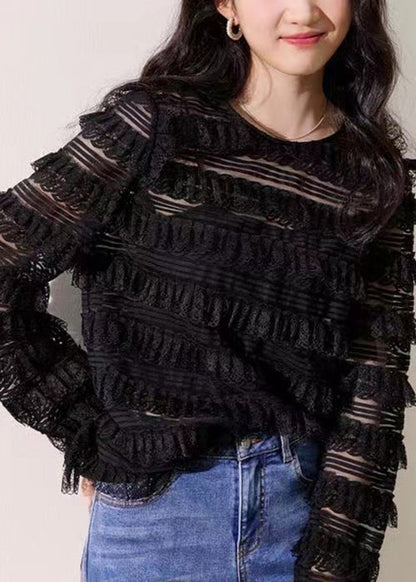 New Black O Neck Solid Lace Top Long Sleeve KK052