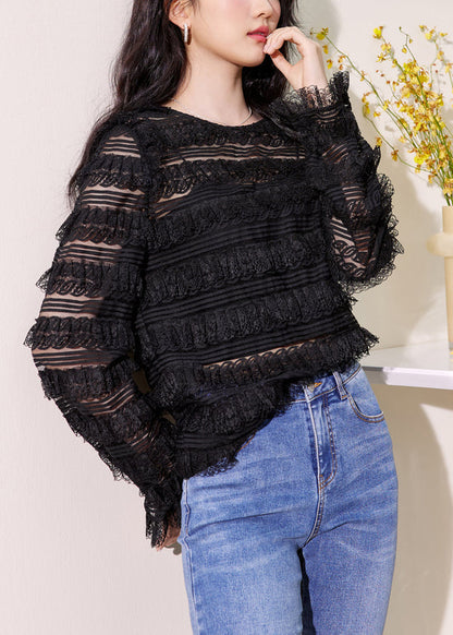 New Black O Neck Solid Lace Top Long Sleeve KK052